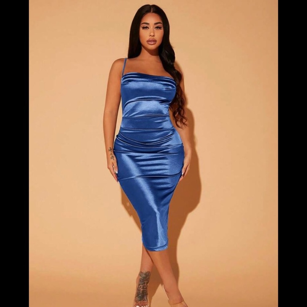 New Bright Blue Satin Silk Cowl Drape Midi Dress XS